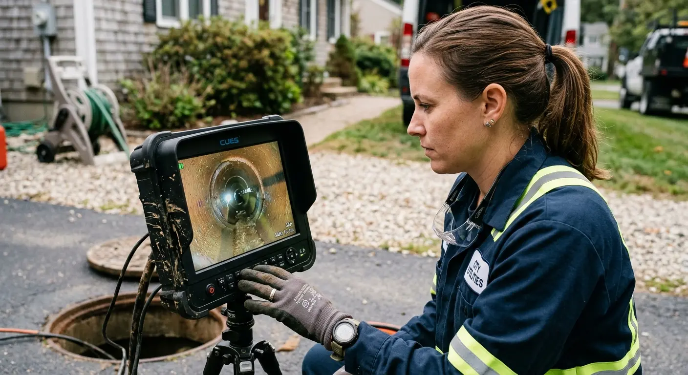 Technician reviewing sewer camera inspection footage in Fulton