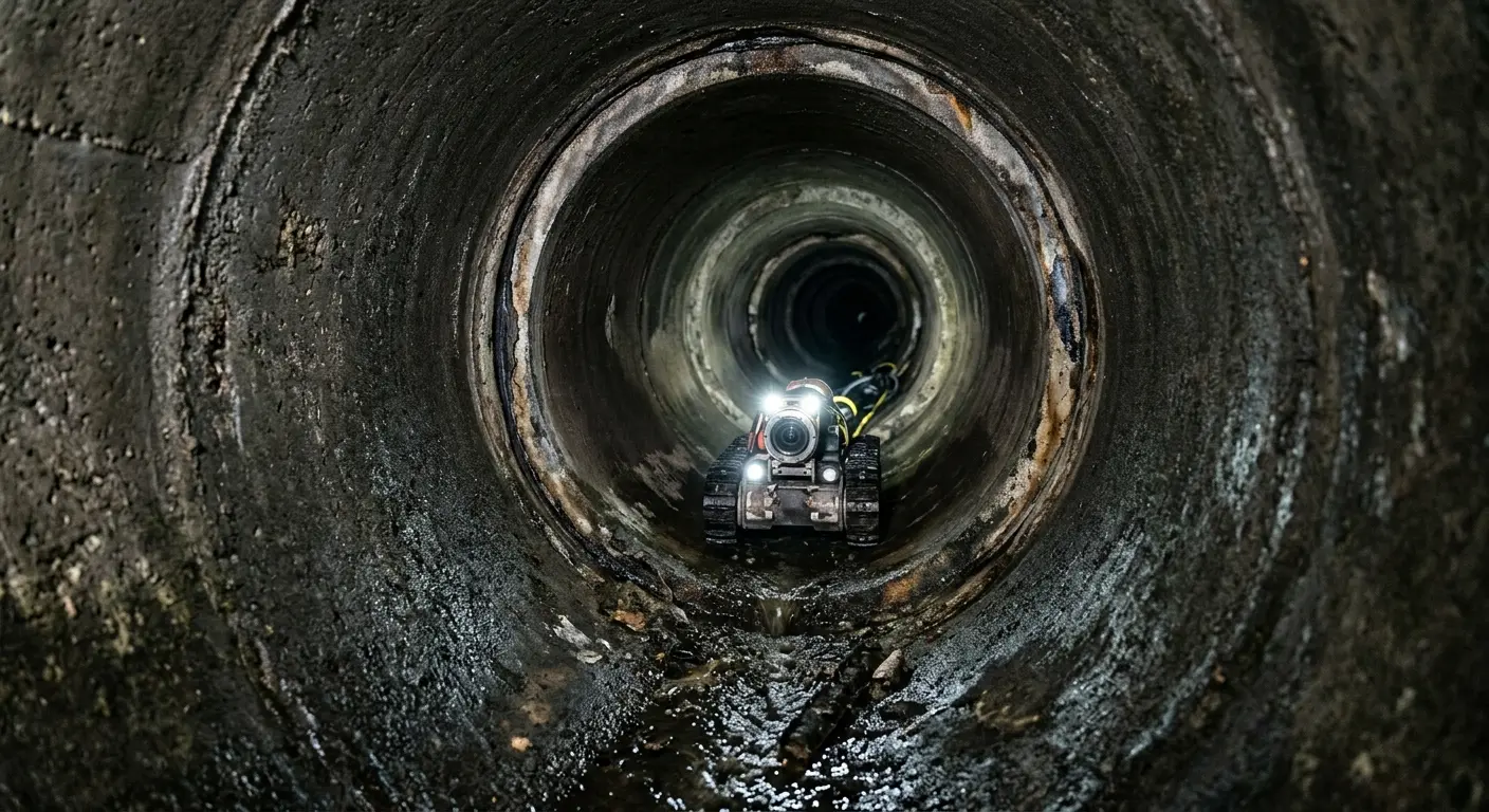 Robotic sewer camera inspecting pipe interior for Sewer Line Cleaning in Fulton